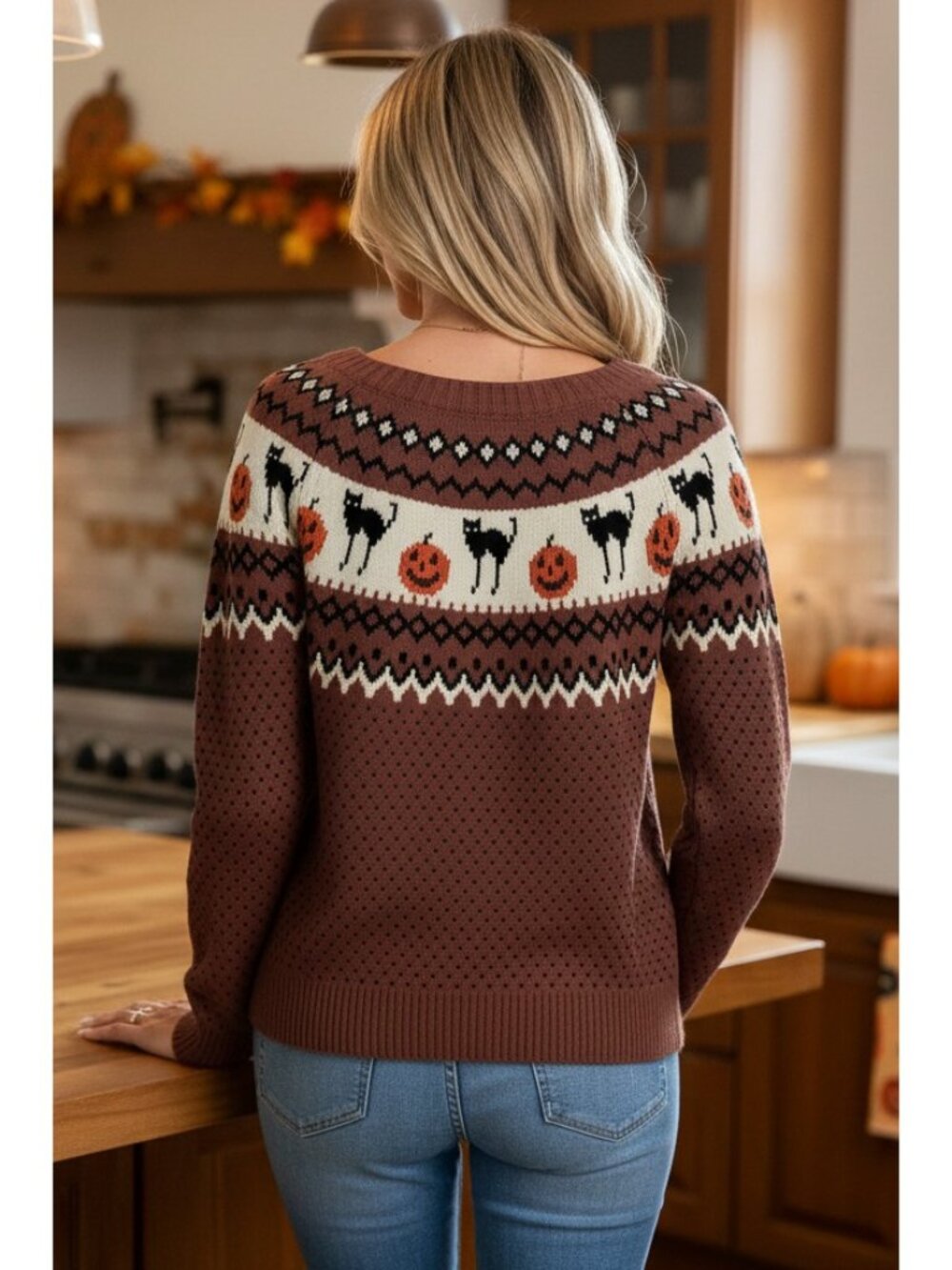 Black Cat Jack-O'-Lantern Pumpkin Fair Isle Halloween Top Crew Neck Knit Sweater - Picture 4 of 6